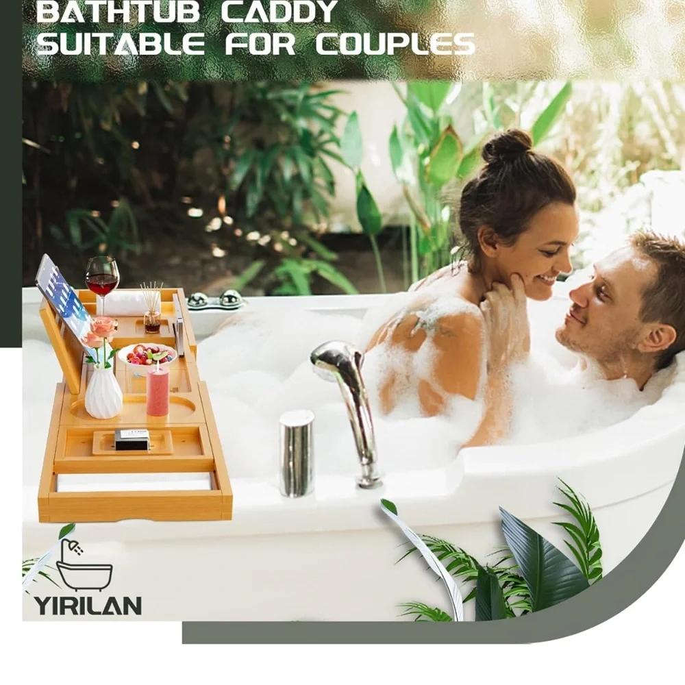 Brown Bamboo Bath Tray with Adjustable Storage